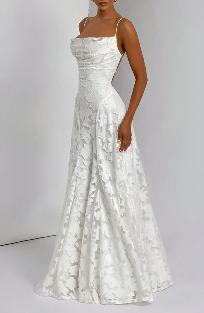 Lace-Up Back Evening Maxi Dress in White