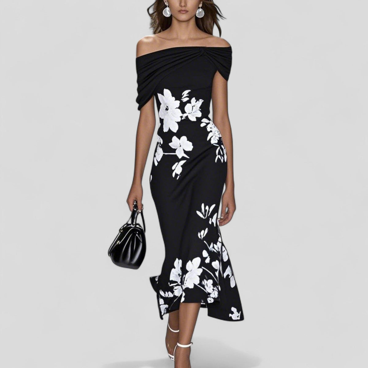 Off-Shoulder Wedding Guest Maxi Dress in Black