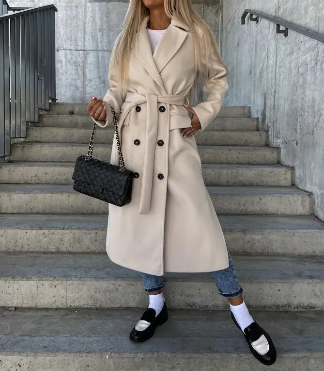 Women's Double-Breasted Belted Casual Coat in Beige