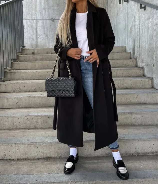 Women's Double-Breasted Belted Casual Coat in Black