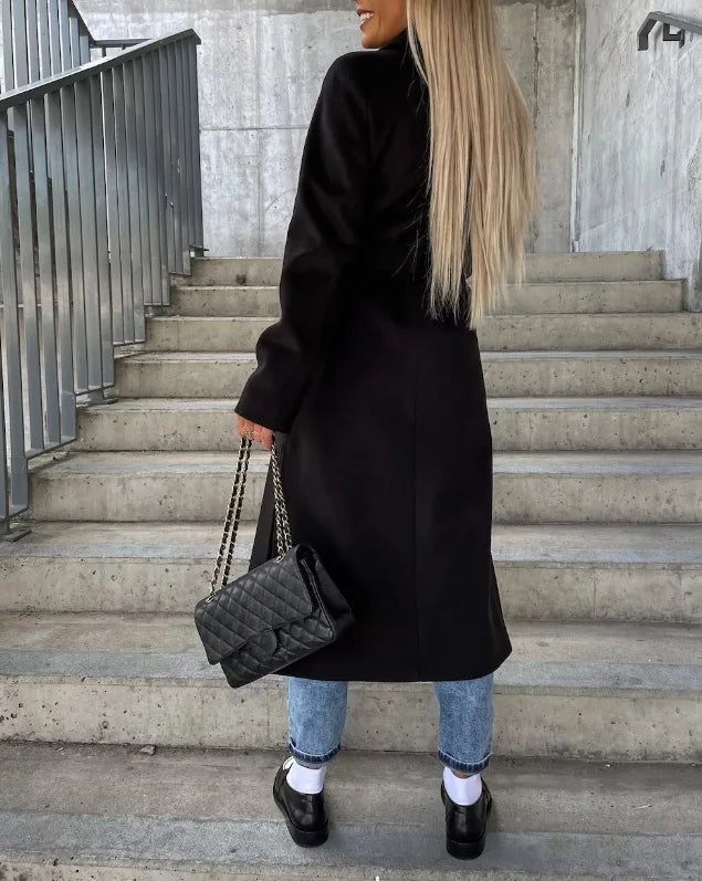 Women's Double-Breasted Belted Casual Coat in Black