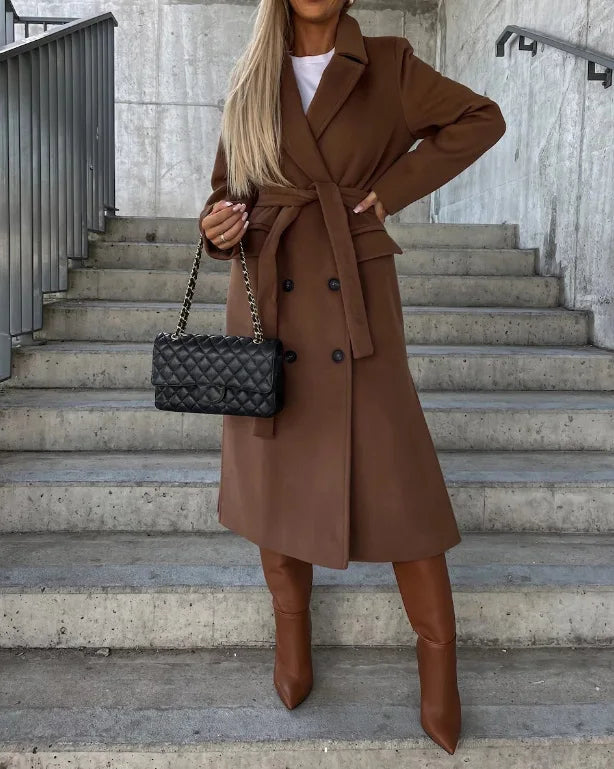 Women's Double-Breasted Belted Casual Coat in Brown