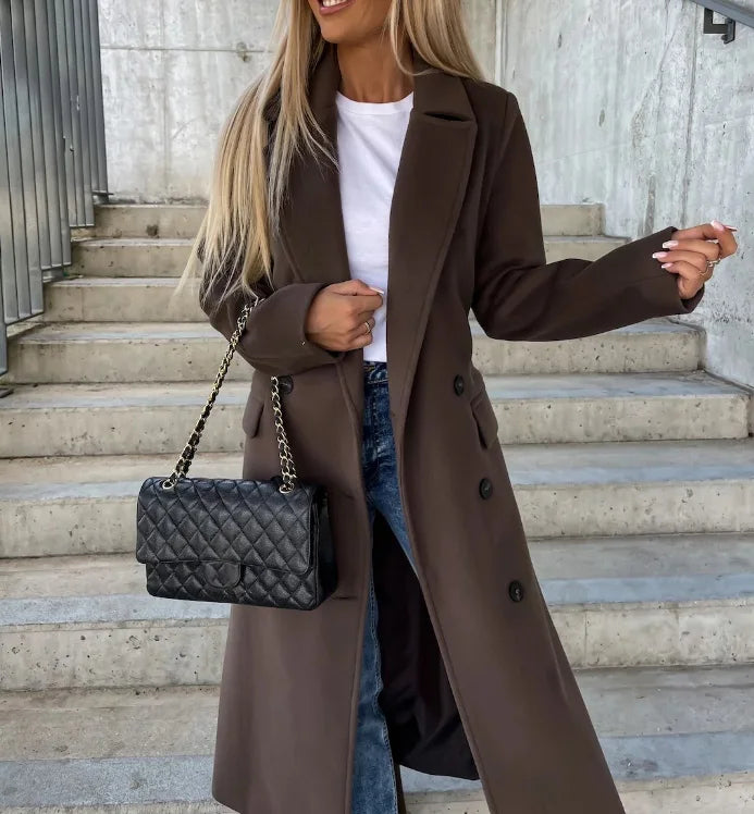 Women's Double-Breasted Belted Casual Coat in Dark Brown