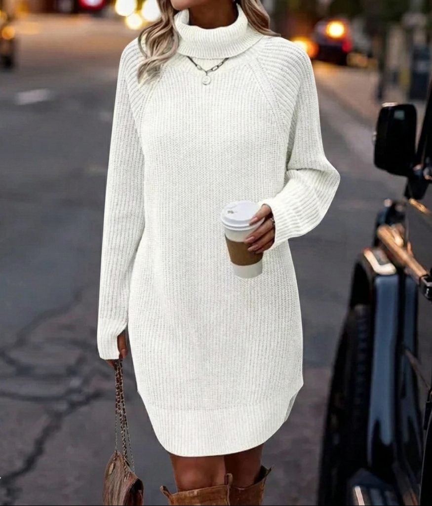 Ribbed Roll-Neck Casual Mini Dress in White
