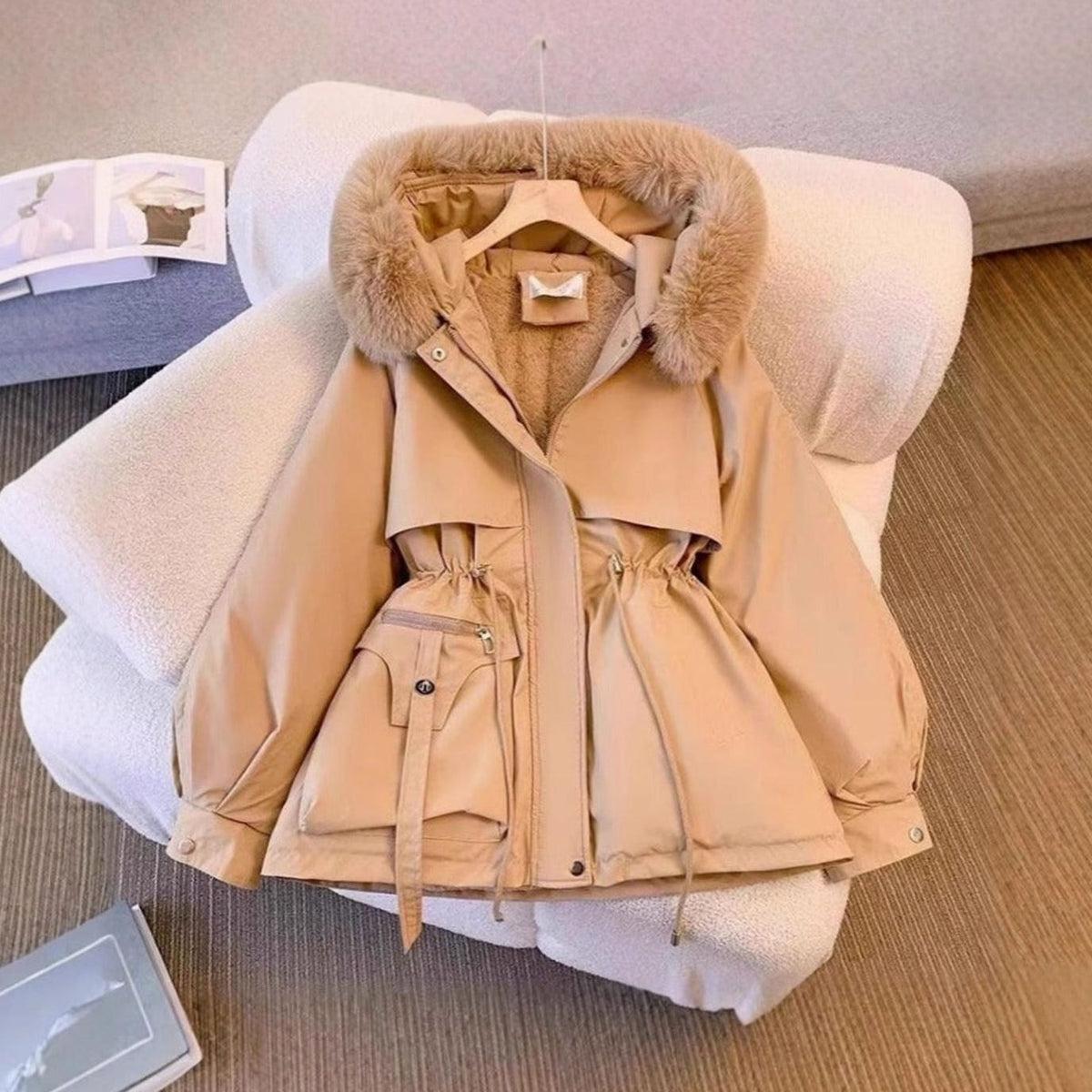 Women's Drawstring-Waist Hooded Casual Jacket in Camel