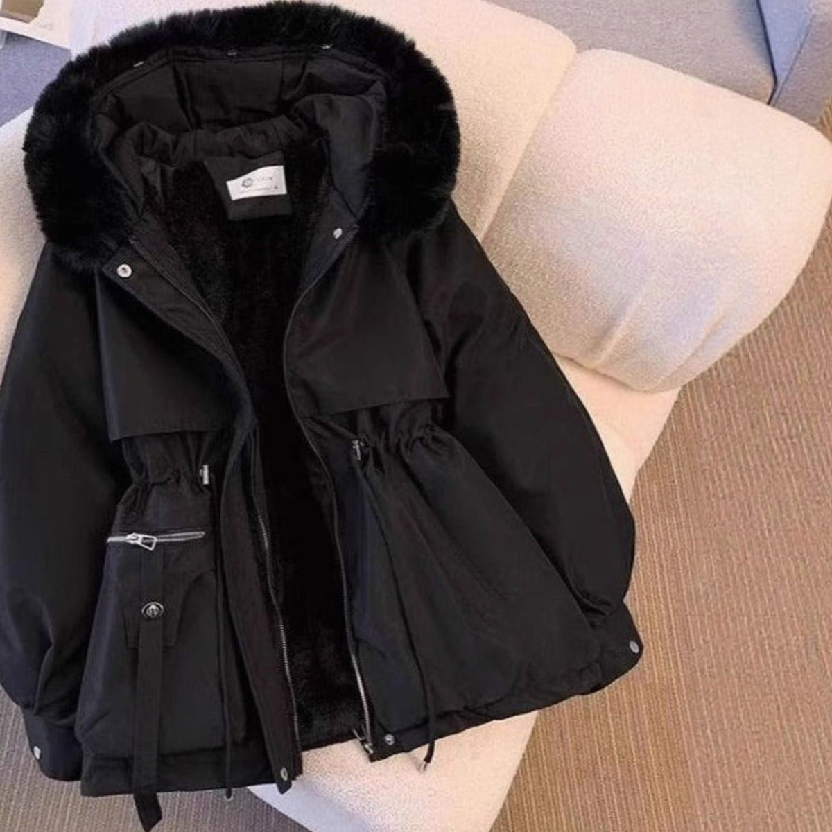 Women's Drawstring-Waist Hooded Casual Jacket in Black