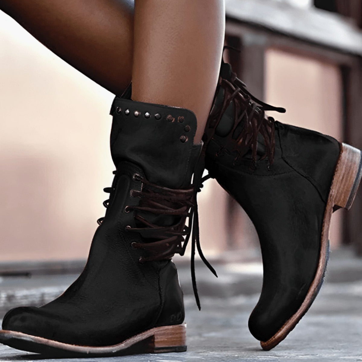 Women's Back Lace-Up Studded Casual Boots in Black