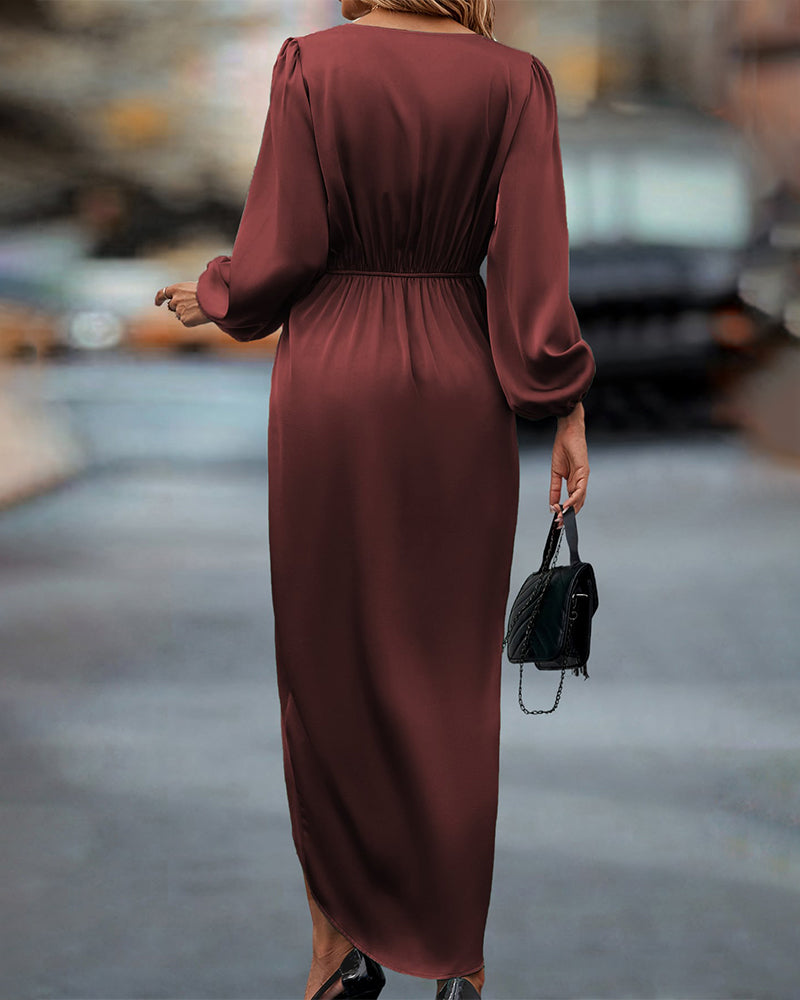 Twist-Front Wrap Cocktail Maxi Dress in Burgundy