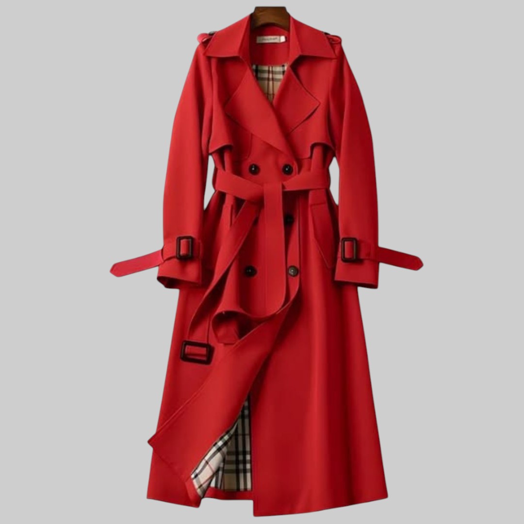 Women's Belted Double-Breasted Coat in Red