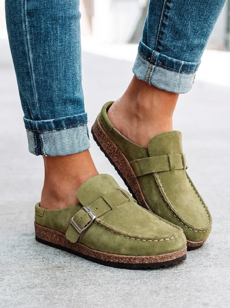 Orthopaedic Buckle Casual Mules in Olive