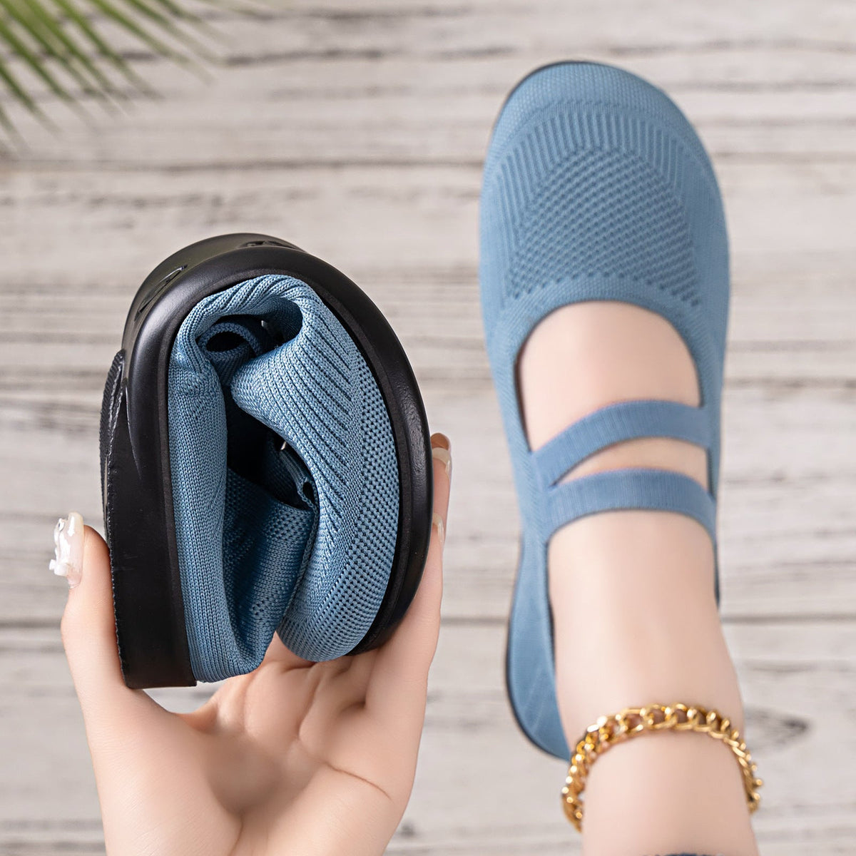 Double-Strap Mary Jane Casual Flats in Light Blue