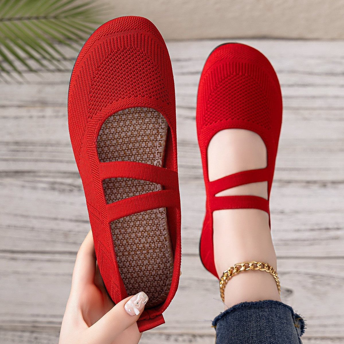 Double-Strap Mary Jane Casual Flats in Red