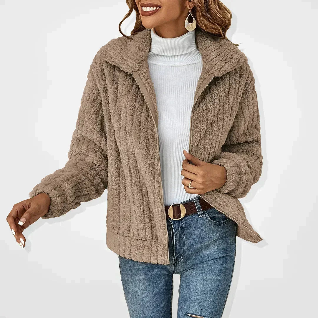 Women's Zip-Front Textured Casual Fleece in Taupe
