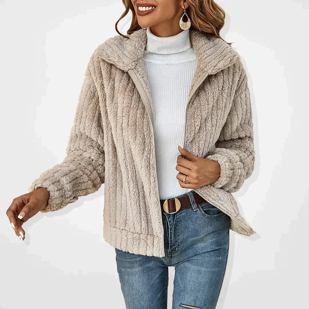 Women's Zip-Front Textured Casual Fleece in Beige