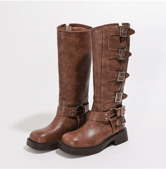 Women's Buckled Casual Knee High Boots in Brown