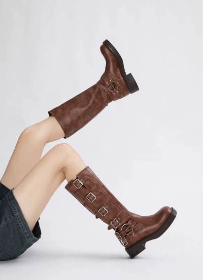 Women's Buckled Casual Knee High Boots in Brown