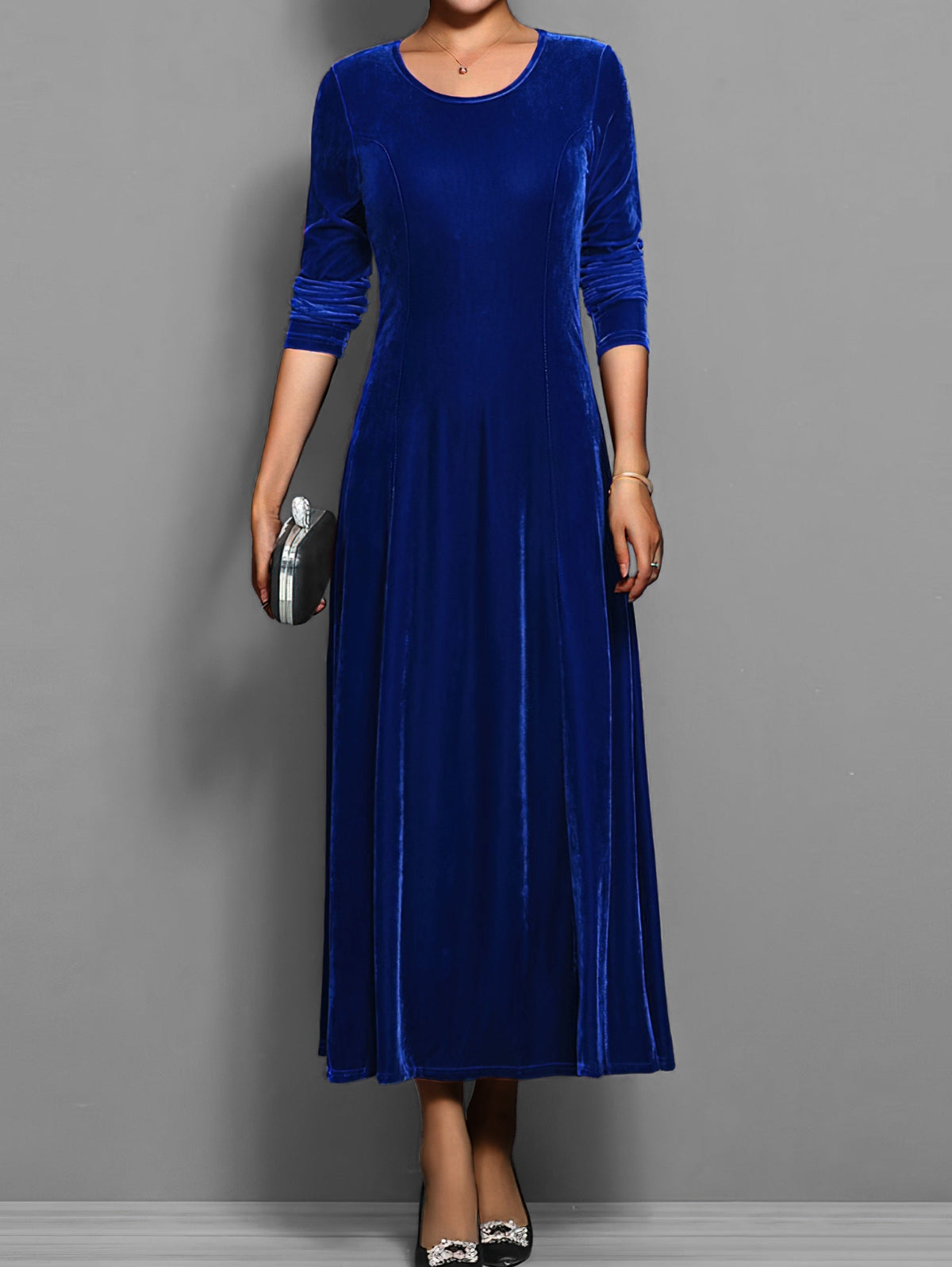 Long-Sleeve Scoop Neck Evening Midi Dress in Blue