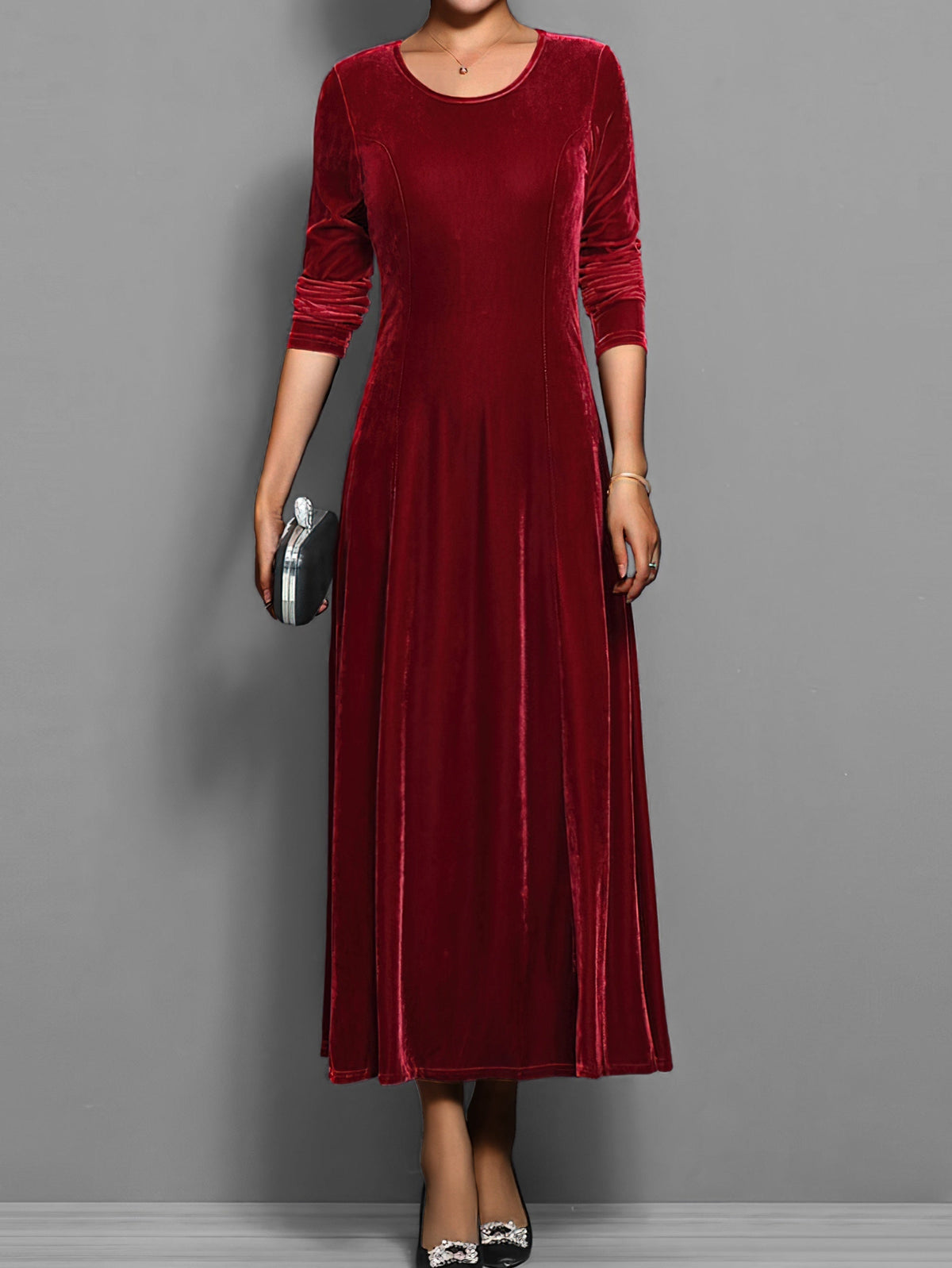 Long-Sleeve Scoop Neck Evening Midi Dress in Burgundy