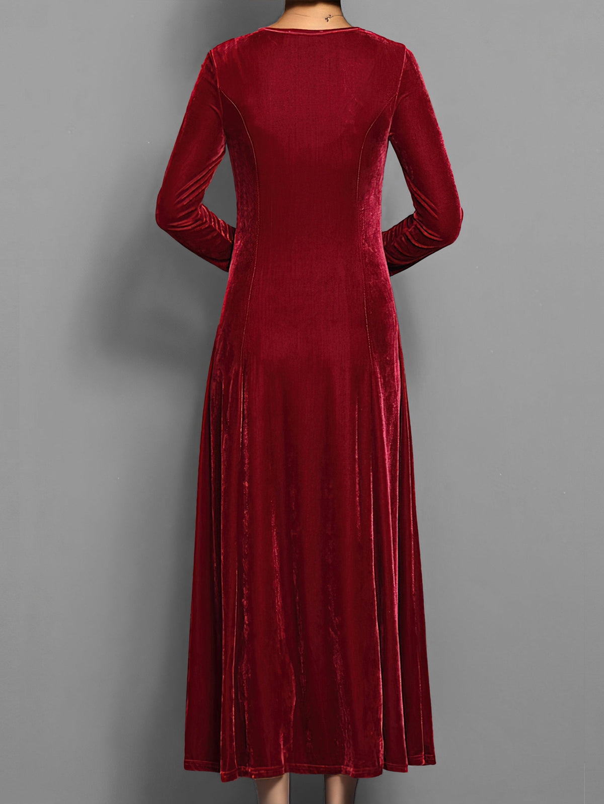 Long-Sleeve Scoop Neck Evening Midi Dress in Burgundy