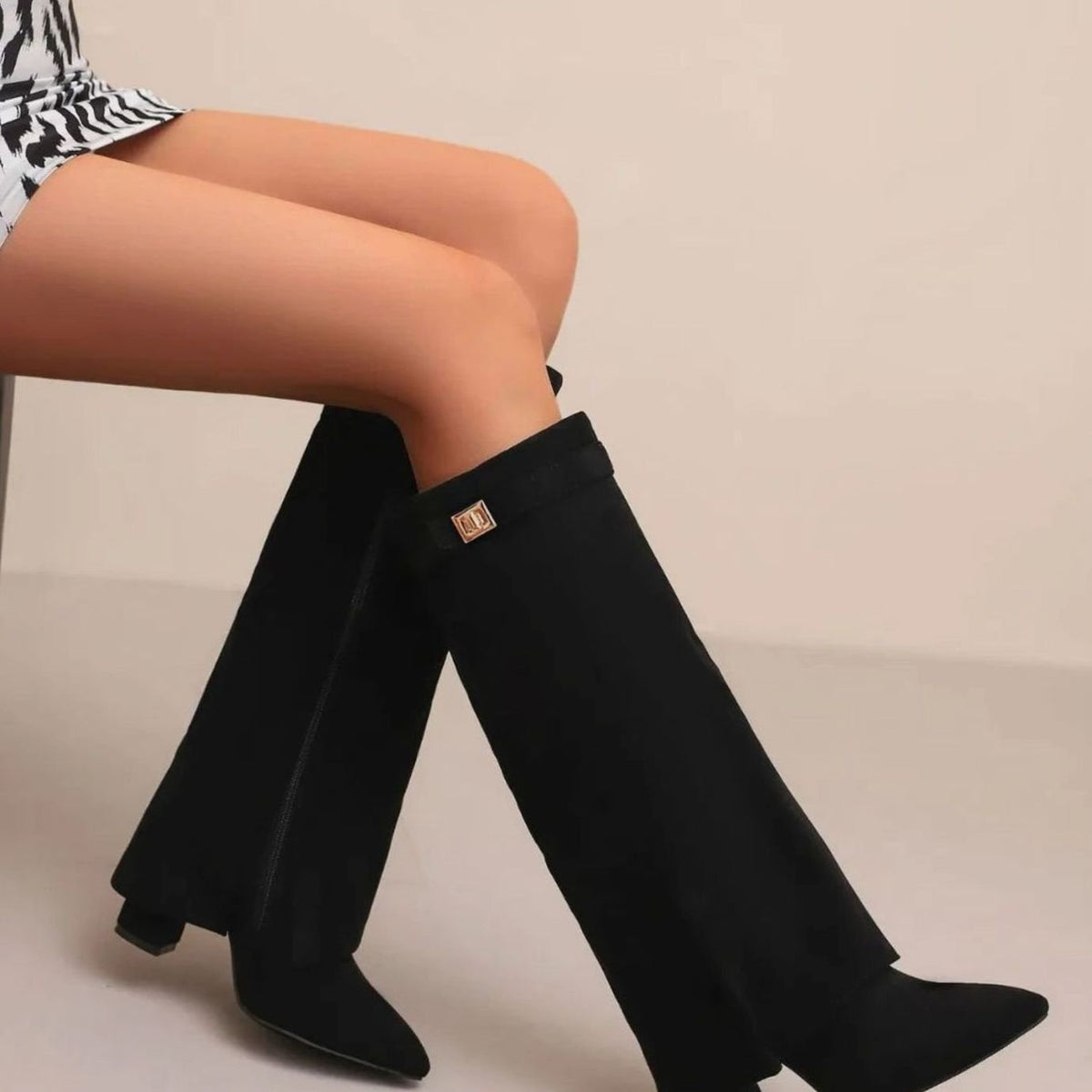 Women's Fold-Over Knee High Boots in Black