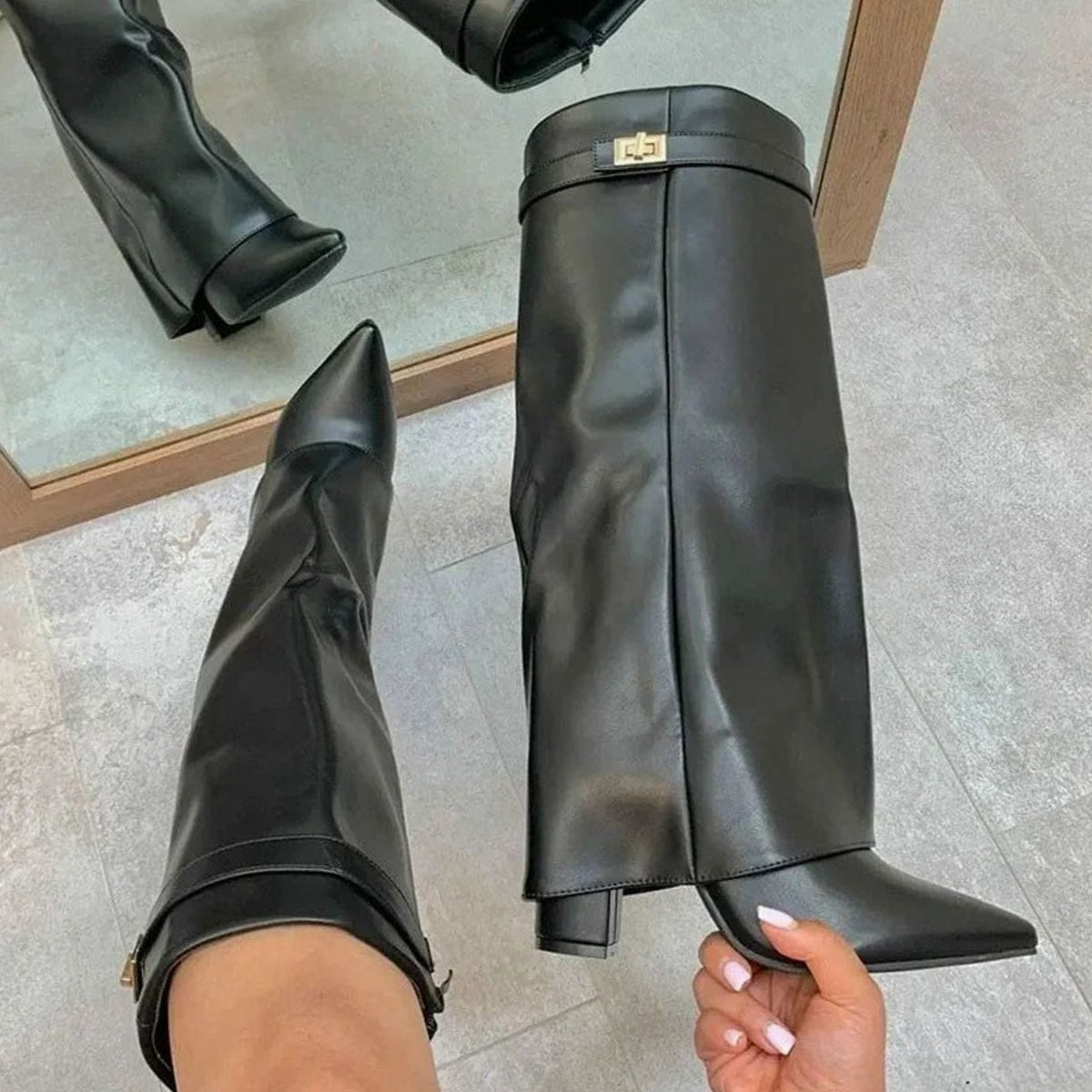 Women's Fold-Over Knee High Boots in Black