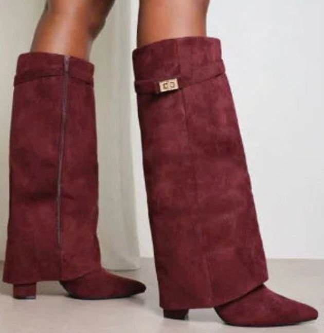 Women's Fold-Over Knee High Boots in Burgundy