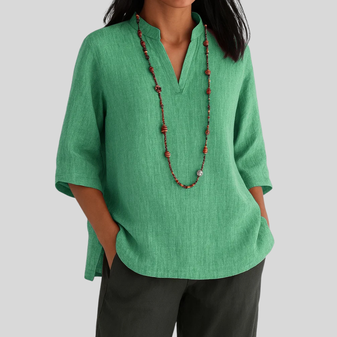 Relaxed Notch-Neck Side-Slit Casual Blouse in Green