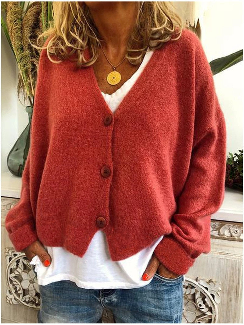 Women's Button-Front Casual Cardigan in Brick Red