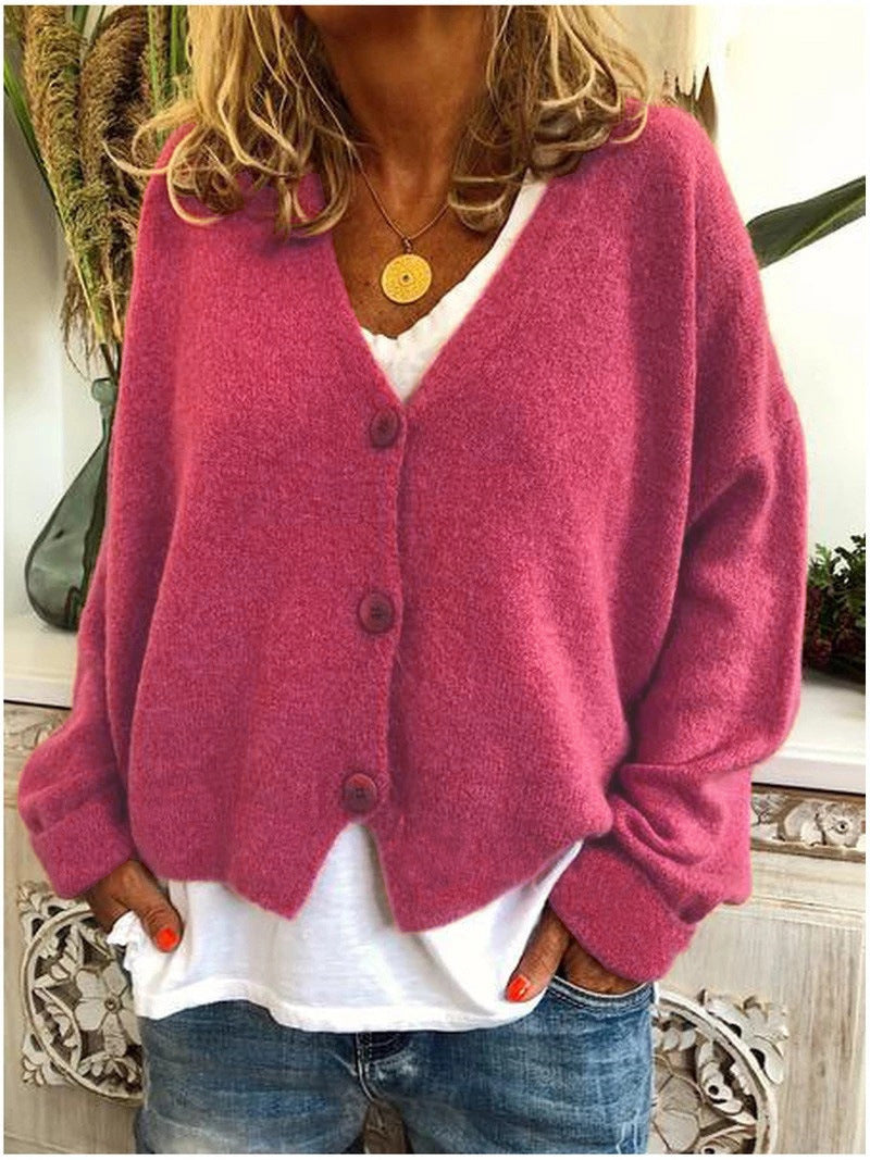 Women's Button-Front Casual Cardigan in Fuchsia