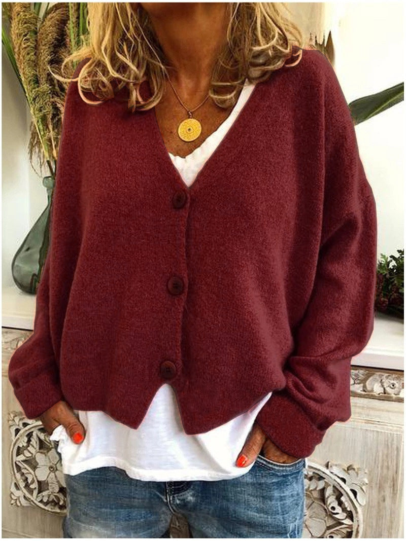 Women's Button-Front Casual Cardigan in Burgundy