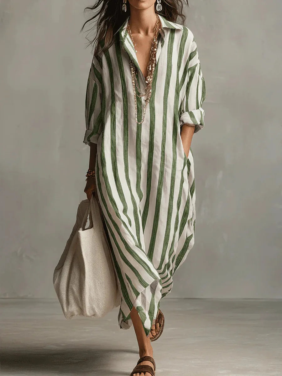 Striped Oversized Shirt Holiday Maxi Dress in Green