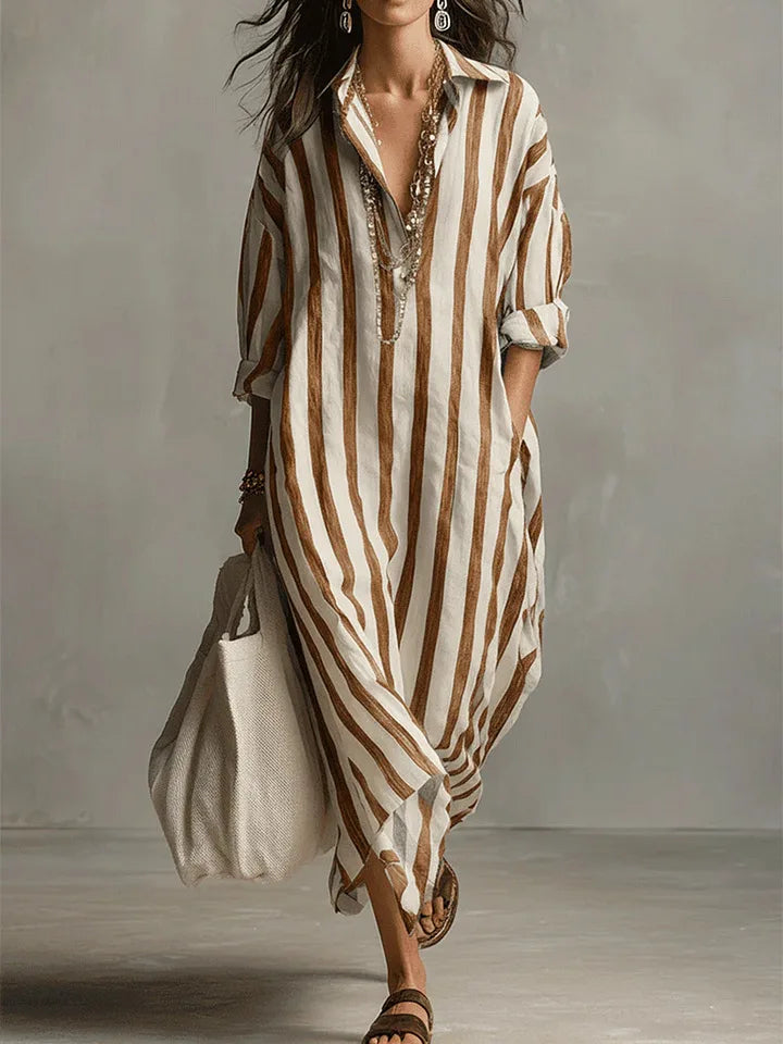 Striped Oversized Shirt Holiday Maxi Dress in Brown