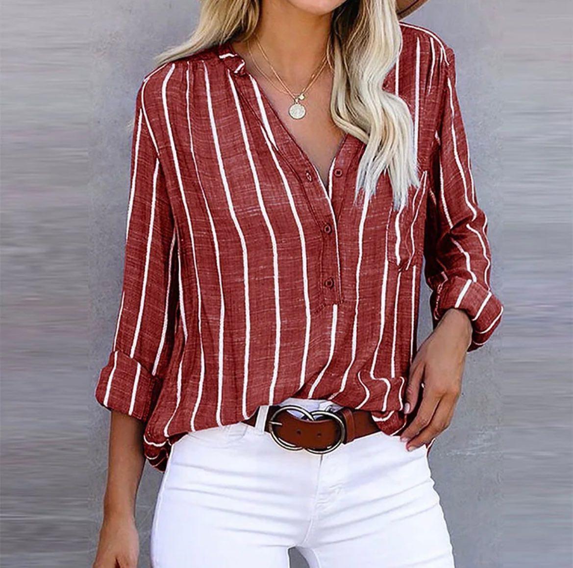 Striped Half-Button Casual Blouse in Brick Red