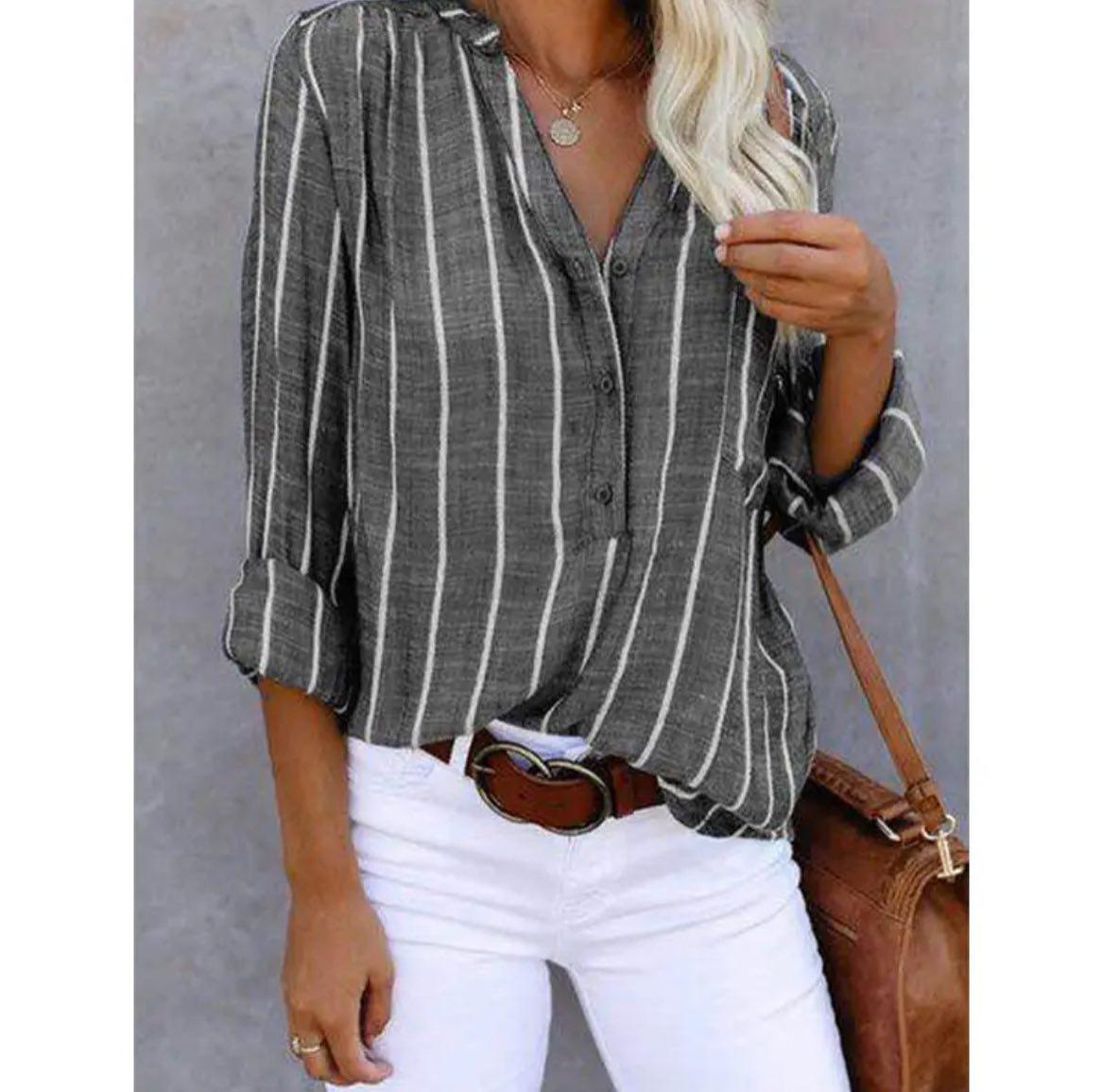Striped Half-Button Casual Blouse in Dark Grey