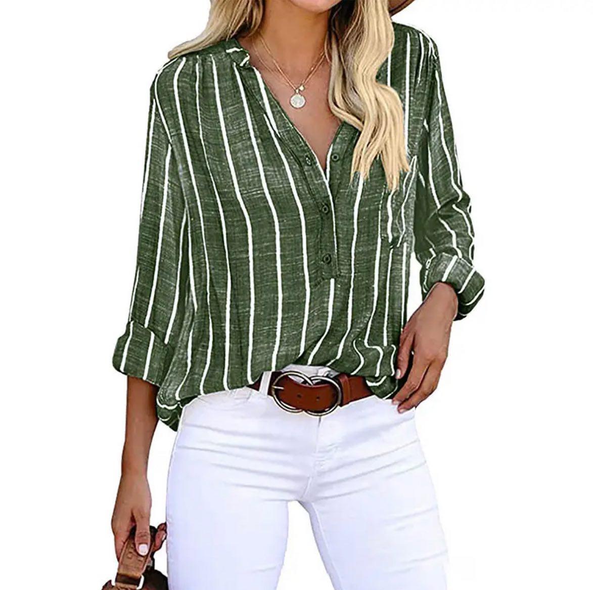 Striped Half-Button Casual Blouse in Olive
