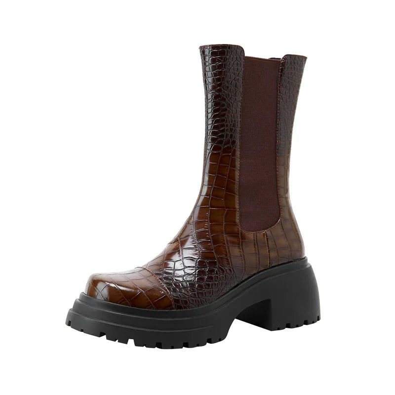 Women's Chunky Platform Chelsea Casual Boots in Brown
