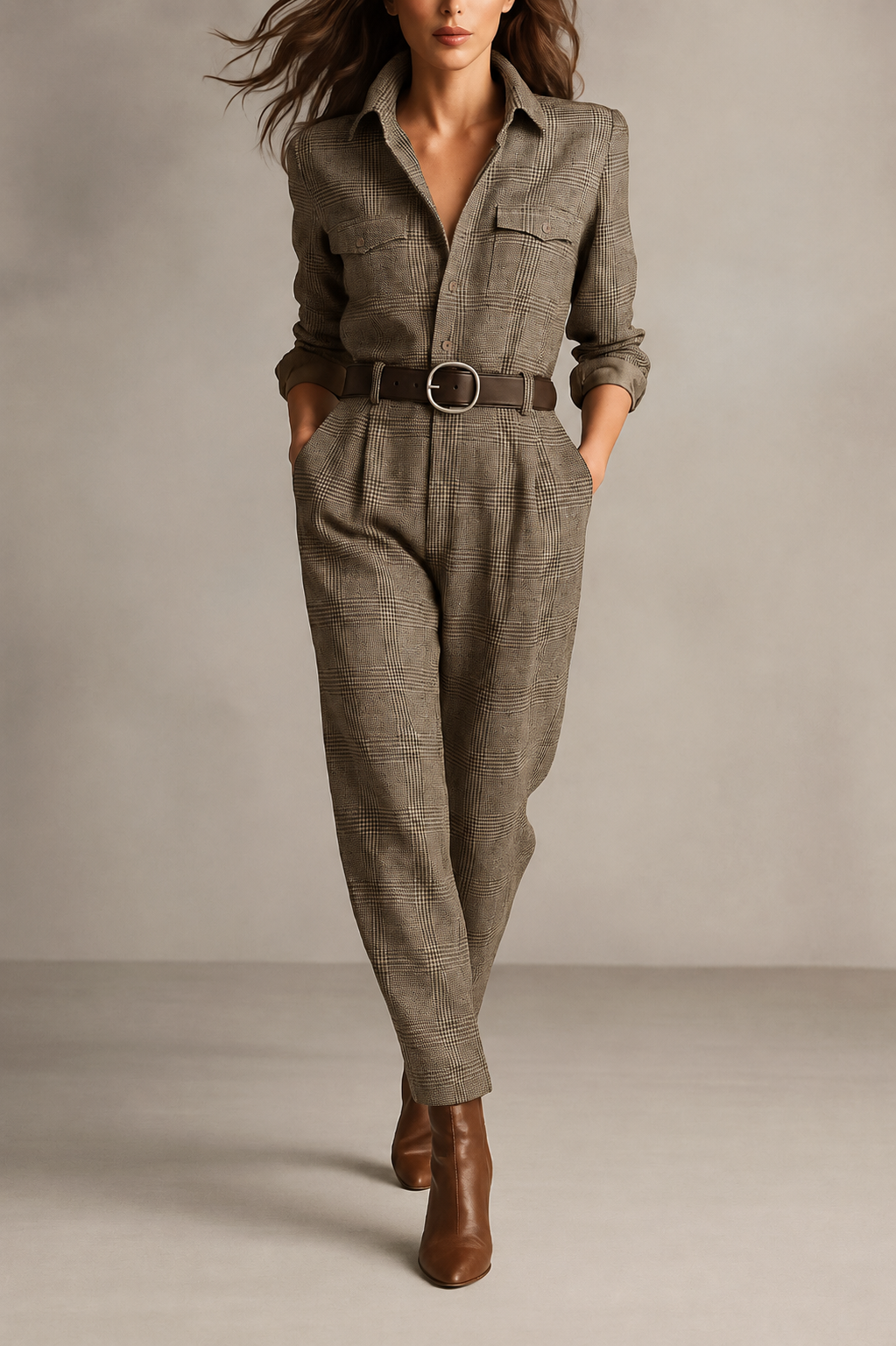 Belted Button-Front Workwear Jumpsuit in Taupe