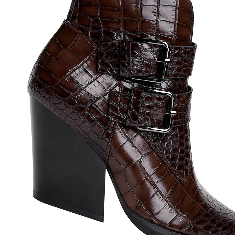 Women's Double-Buckle Ankle Boots in Dark Brown