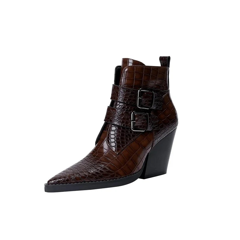 Women's Double-Buckle Ankle Boots in Dark Brown