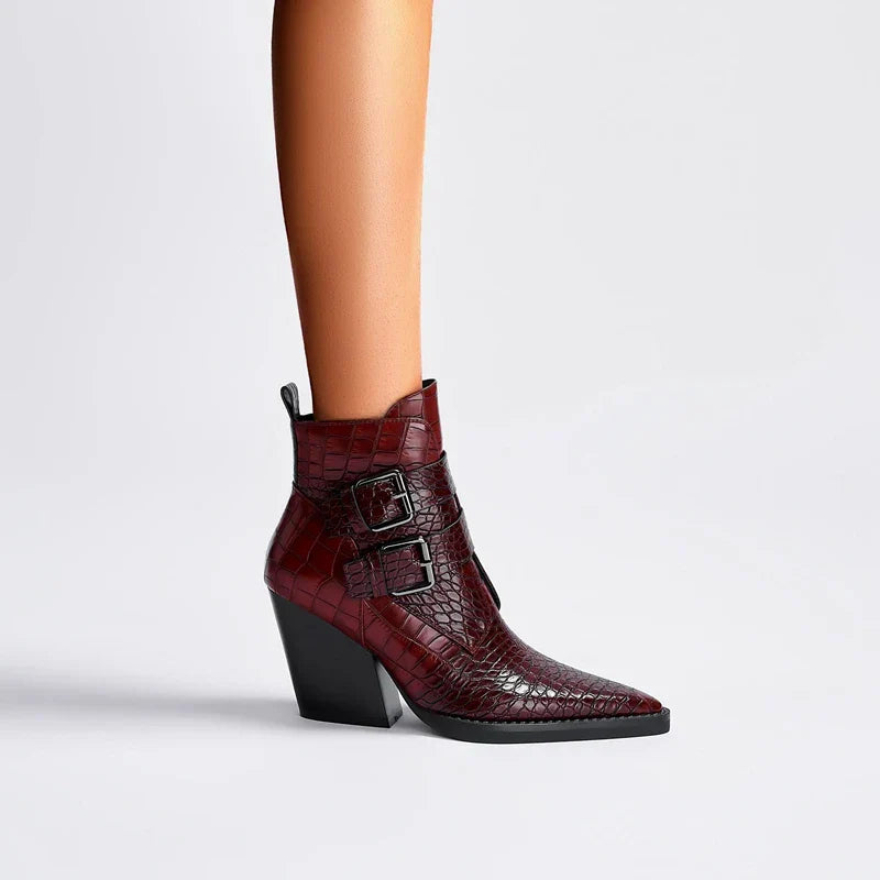 Women's Orthopaedic Double Buckle Casual Ankle Boots in Burgundy
