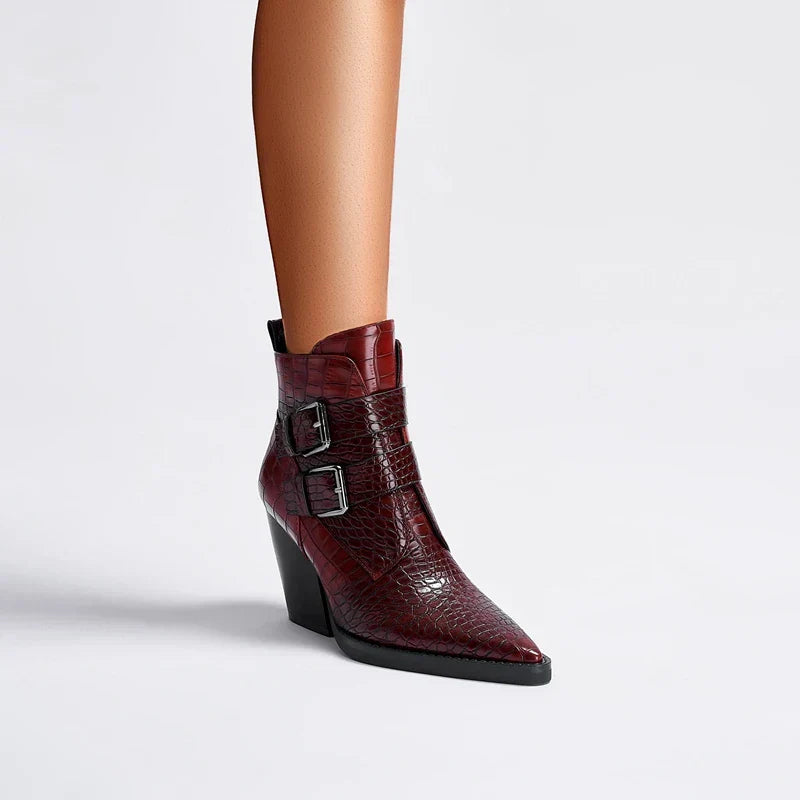 Women's Double-Buckle Ankle Boots in Burgundy