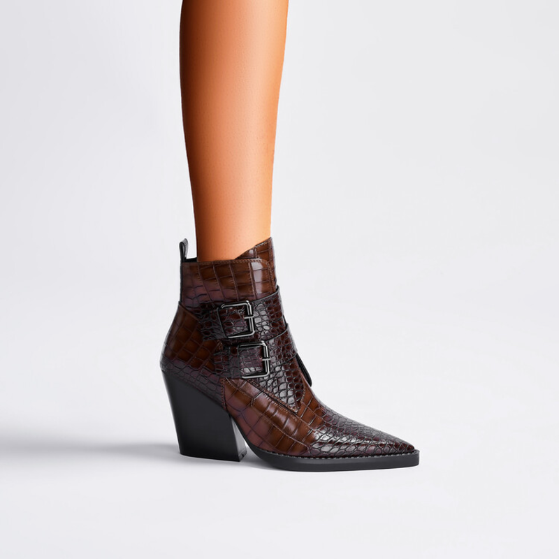 Women's Double-Buckle Ankle Boots in Dark Brown