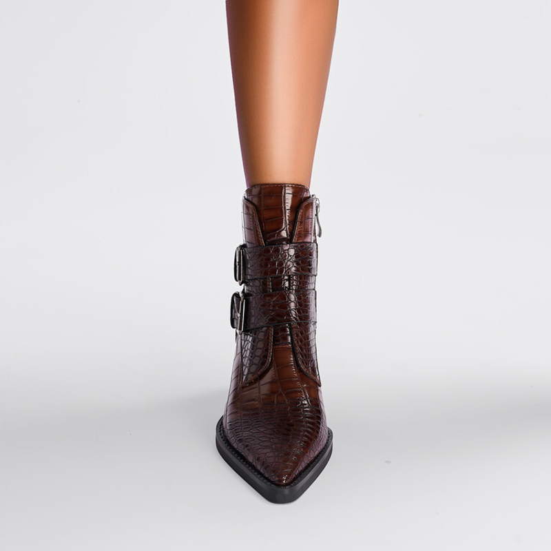 Women's Double-Buckle Ankle Boots in Dark Brown
