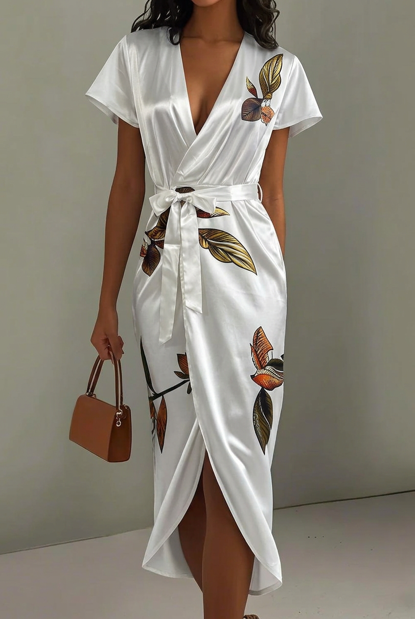 Tie-Waist Wrap Cocktail Midi Dress in White