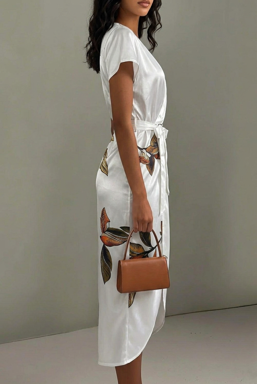 Tie-Waist Wrap Cocktail Midi Dress in White