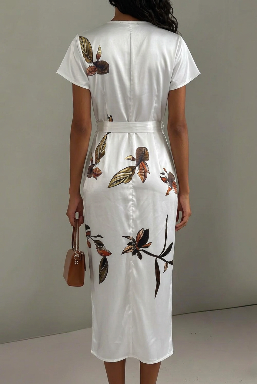 Tie-Waist Wrap Cocktail Midi Dress in White