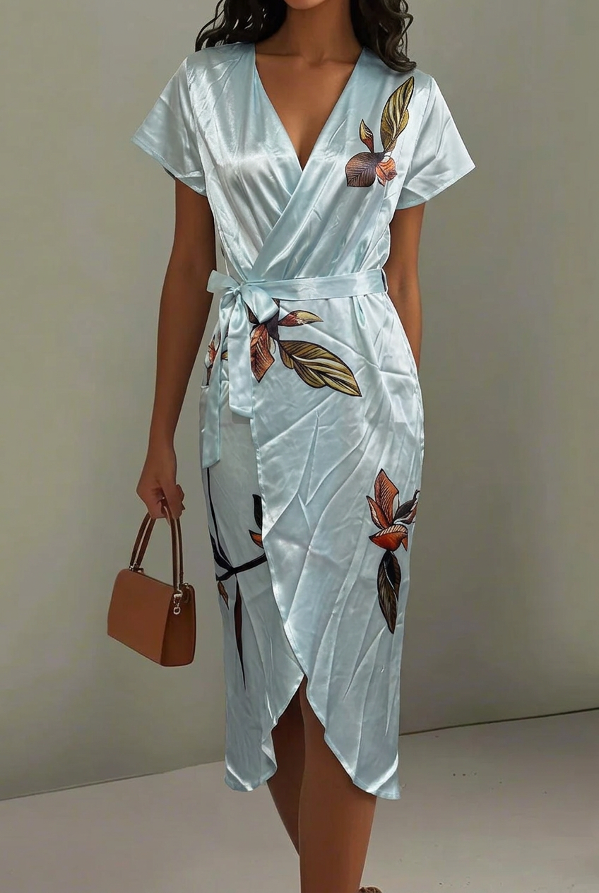 Tie-Waist Wrap Cocktail Midi Dress in Light Blue