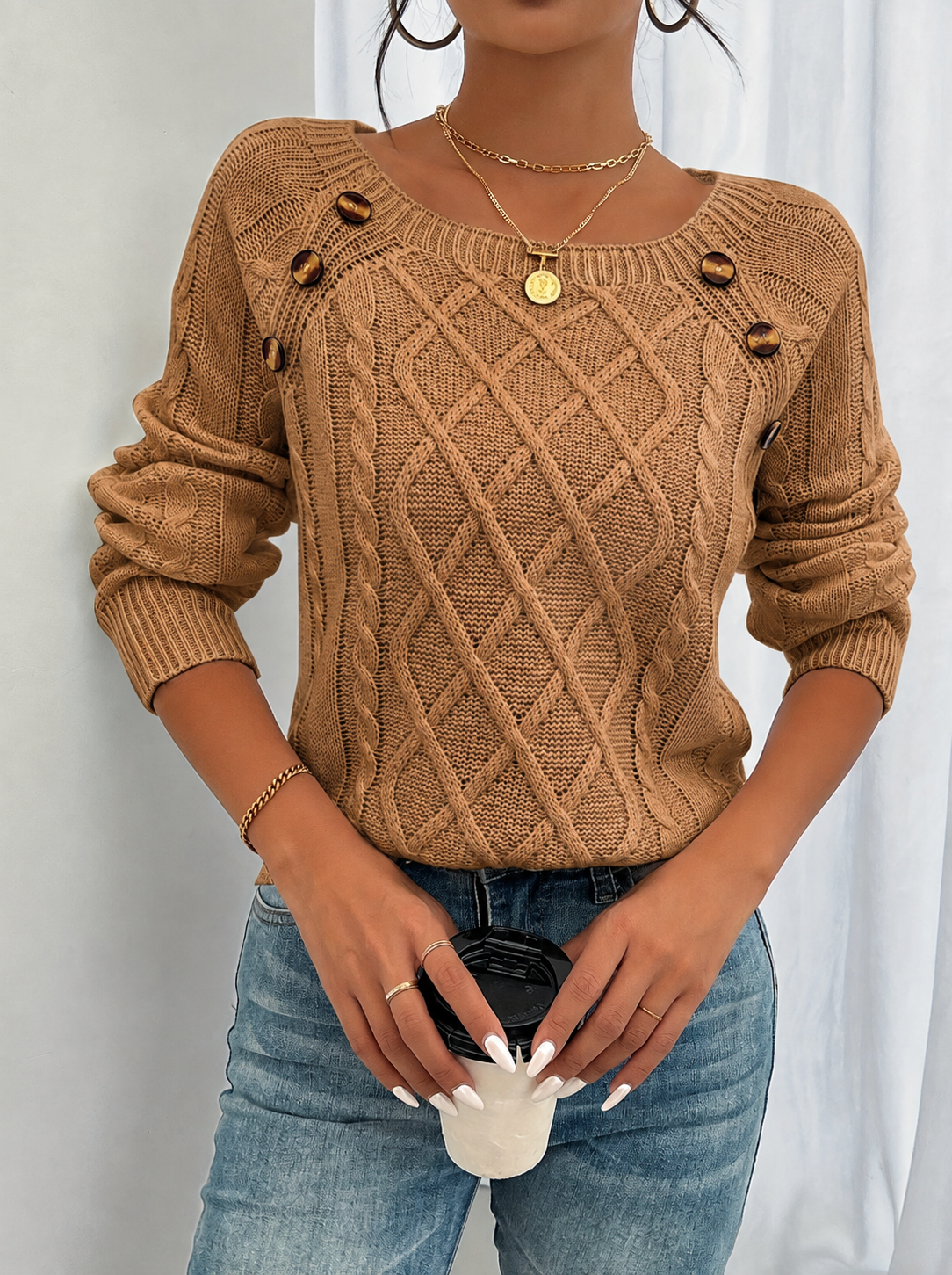 Women's Button-Shoulder Casual Jumper in Camel