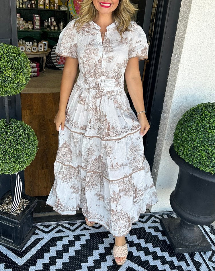 Tiered Puff-Sleeve Holiday Maxi Dress in Brown