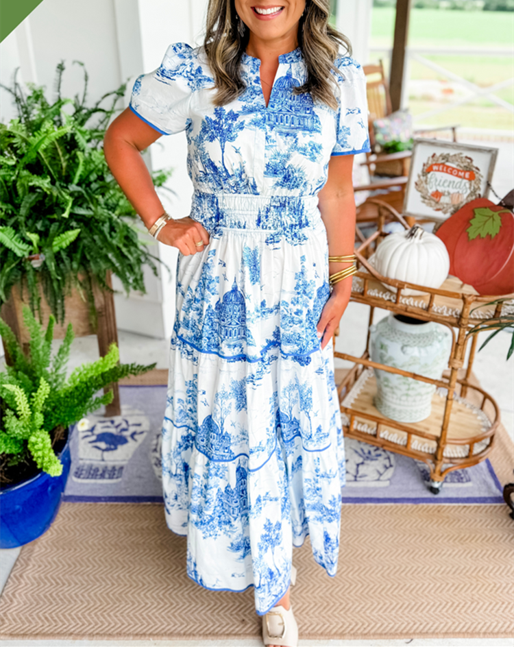 Tiered Puff-Sleeve Holiday Maxi Dress in Blue